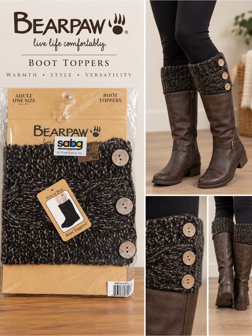BearPaw Black & Gray Knit Boot Toppers with Button Detail